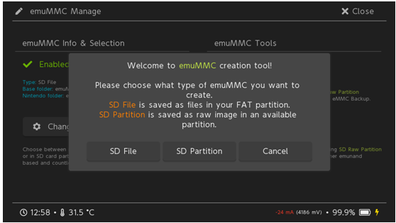 在Hekate中选择SD File方式创建虚拟系统