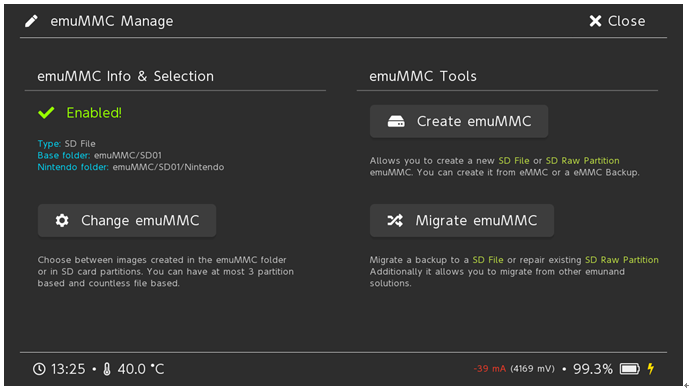 虚拟系统成功启用后，在emuMMC主界面显示绿色Enabled状态