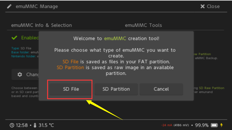emuMMC界面显示虚拟系统未创建