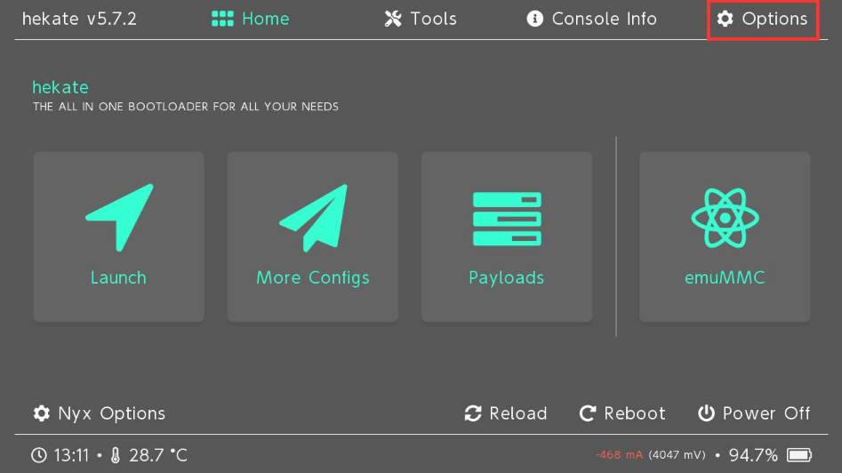 Hekate主界面，标注出Options选项位置