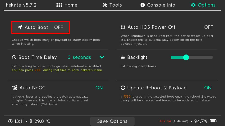 Hekate设置菜单中Auto Boot选项高亮显示