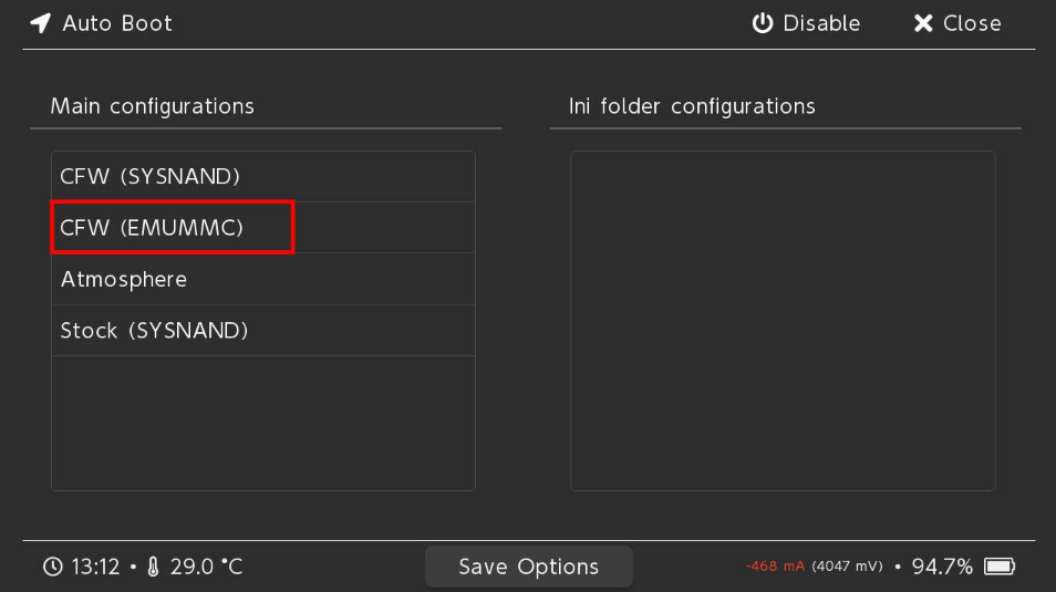 选择CFW(EMUMMC)作为自动引导目标