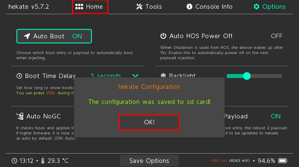 操作完成确认OK并返回Hekate主页