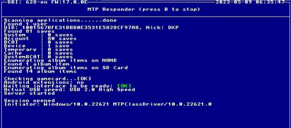 成功连接电脑后Switch的MTP模式界面