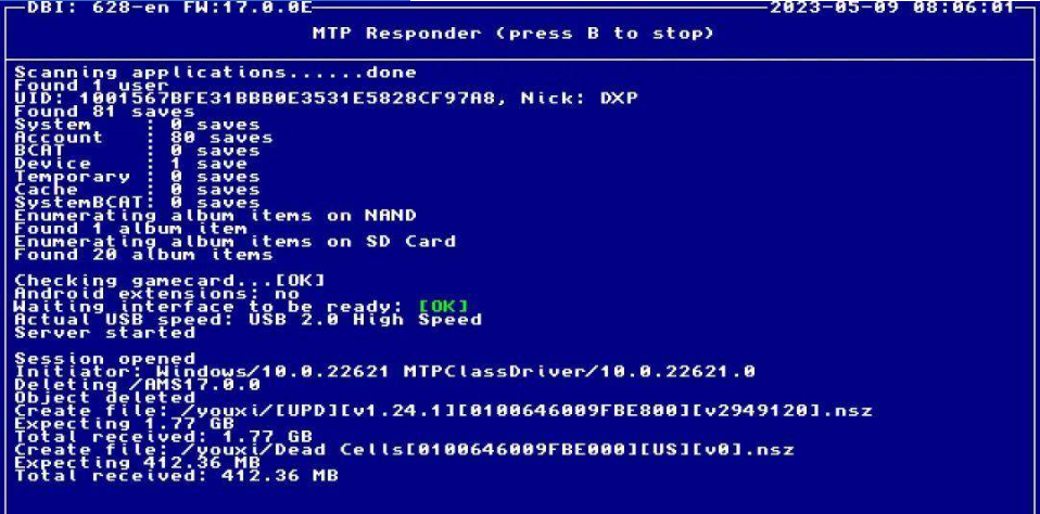 传输完成后按B键退出MTP模式