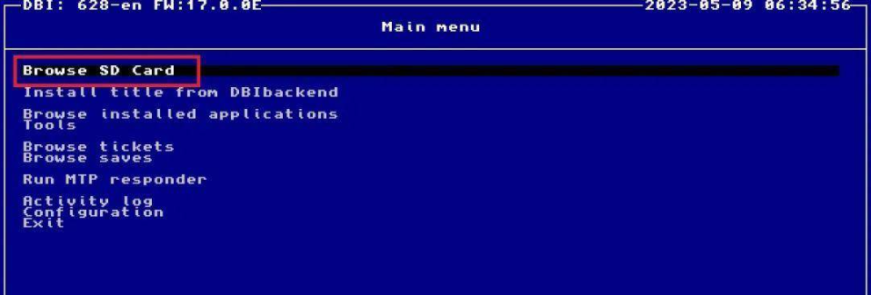 在DBI主菜单选择Browse SD Card进入文件管理