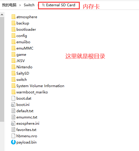 Switch内存卡根目录下典型文件夹结构示意图