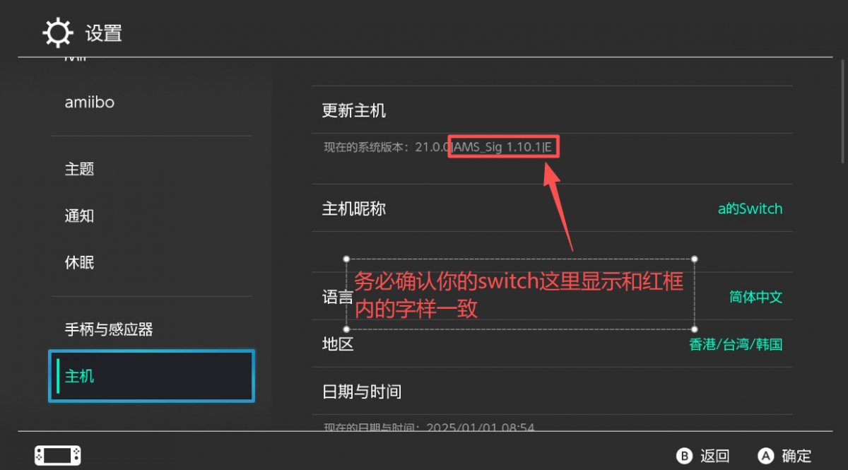 Switch主机设置中查看系统和大气层版本信息